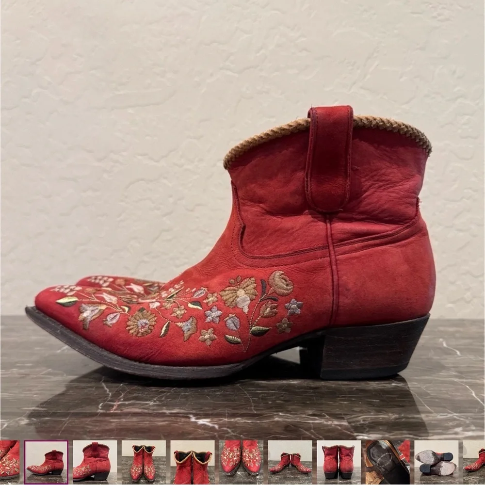 Liberty Black Red Leather Floral Embroidered Cowboy Boots - Picture 3 of 10